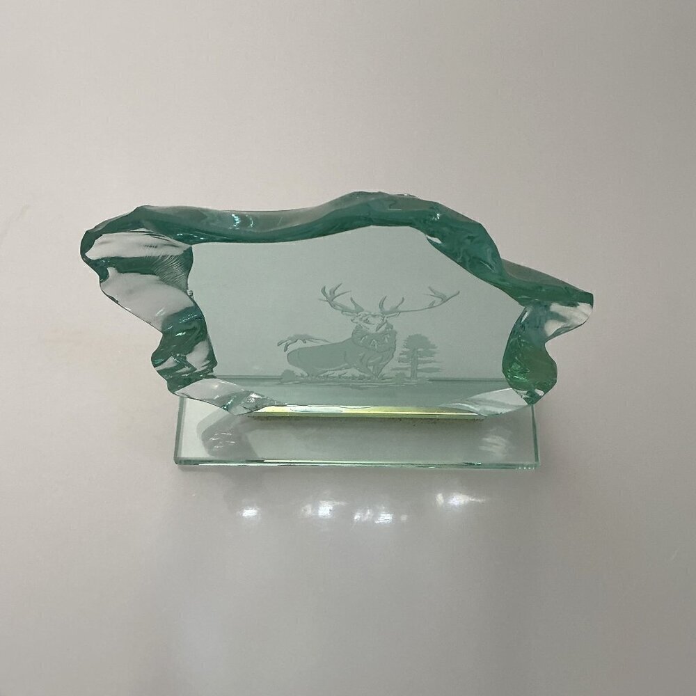 VINTAGE 1960S SWEDISH STYLE ART GLASS ICE BLOCK SCULPTURE – ETCHED STAG / DEER - Picture 3 of 14